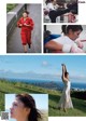 A collage of photos of a woman in a red jumpsuit and boxing gloves.