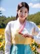 A woman in a yellow and blue hanbok standing in a field of sunflowers.