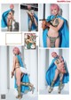 A woman in a bikini and a blue cape holding a sword.