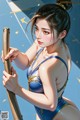 A woman in a blue bathing suit holding a bamboo pole.