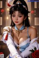 A woman in a blue and white dress holding a red rose.