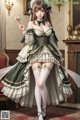 A woman in a maid outfit holding a flower.